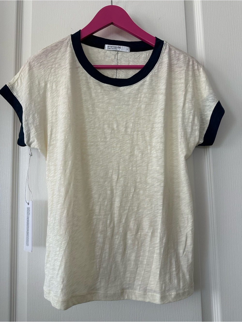 Stateside Cream Short Sleeve Tee with Navy Trim Large NWT